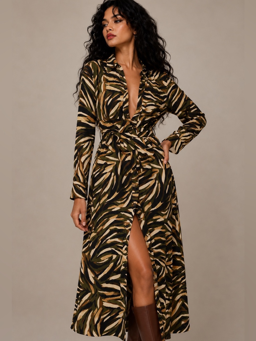 Abstract Camo Print Belted Shirt Dress